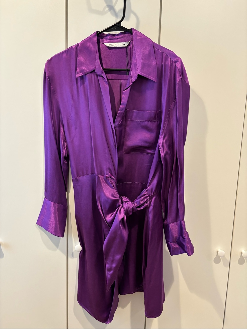 Zara Satin Long-Sleeve Tie-Front Dress - Purple